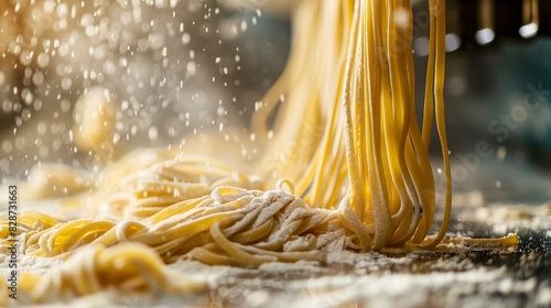 Elegant noodle extrusion from pasta machine, flour swirling, rhythmic precision, soft ambient factory light photo