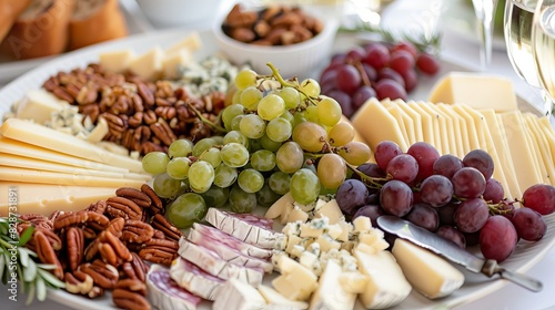 Elegant cheese plate with slices of parmesan, pecorino, and gorgonzola, arranged with grapes and nuts, gourmet presentation