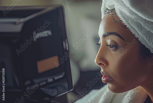 Serene Woman with Towel on Head Engaged in Makeup Routine