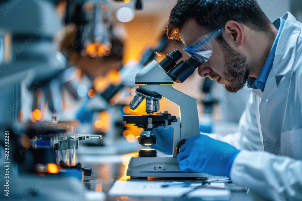 Biological research team looking into the microscope Biological research team looking into the microscope