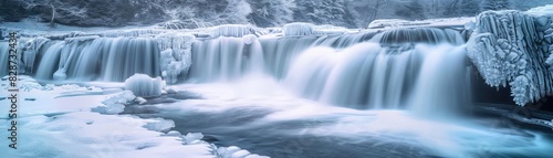 Stunning winter landscape featuring a frozen waterfall, with icy formations and cold scenery, capturing nature's beauty in frigid conditions.