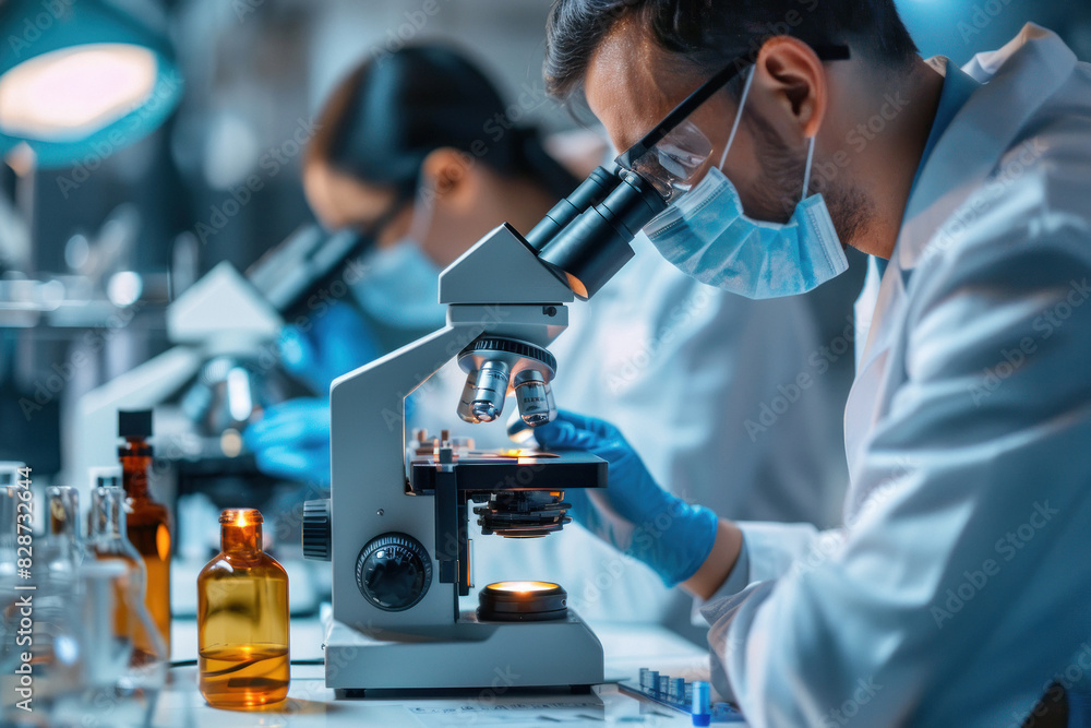 Biological research team looking into the microscope Biological research team looking into the microscope