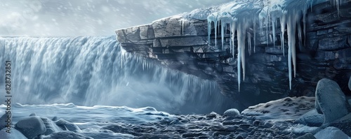 A stunning winter landscape with snow-covered rocks  icicles hanging from cliffs  and a frozen waterfall in the background.