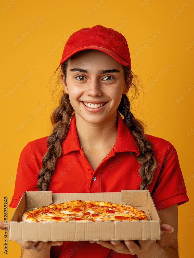 young beautiful delivery girl holding pizza box on yellow background young beautiful delivery girl holding pizza box on yellow background
