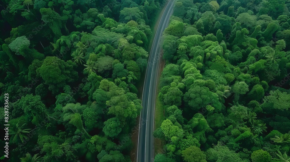aerial view asphalt road through lush green forest healthy ecosystem environmental conservation aerial view asphalt road through lush green forest healthy ecosystem environmental conservation