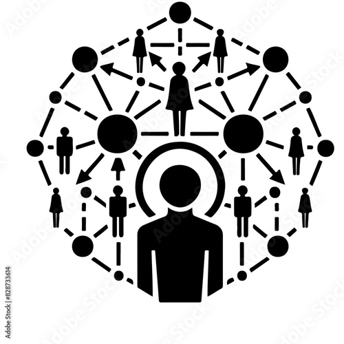 Social Network Icon
A detailed black and white icon illustrating a central figure surrounded by interconnected people and nodes, symbolizing social networking, relationships, and community.