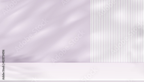 Light Purple Background with light,Shadow leaves on modern wall line striped texture waves pattern with podium stand display for technology concept presentation,Vector banner design for new technology