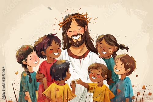 Jesus lovingly interacting with children. Ideal for themes of faith, love, and compassion in religious and inspirational designs.
