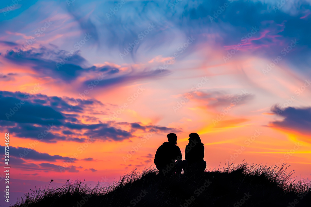 Couple Silhouetted Against Vibrant Sunset