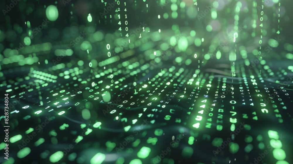 Binary code streaming across a dark background with glowing green numbers Binary code streaming across a dark background with glowing green numbers