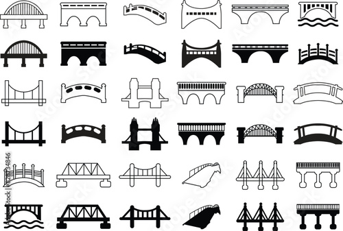 Set of Bridge icons. Concept of place, visual identity, real estate contour, suspension bridges. Possible use in infographic. Flat styles editable stock brand graphic art on Transparent background.