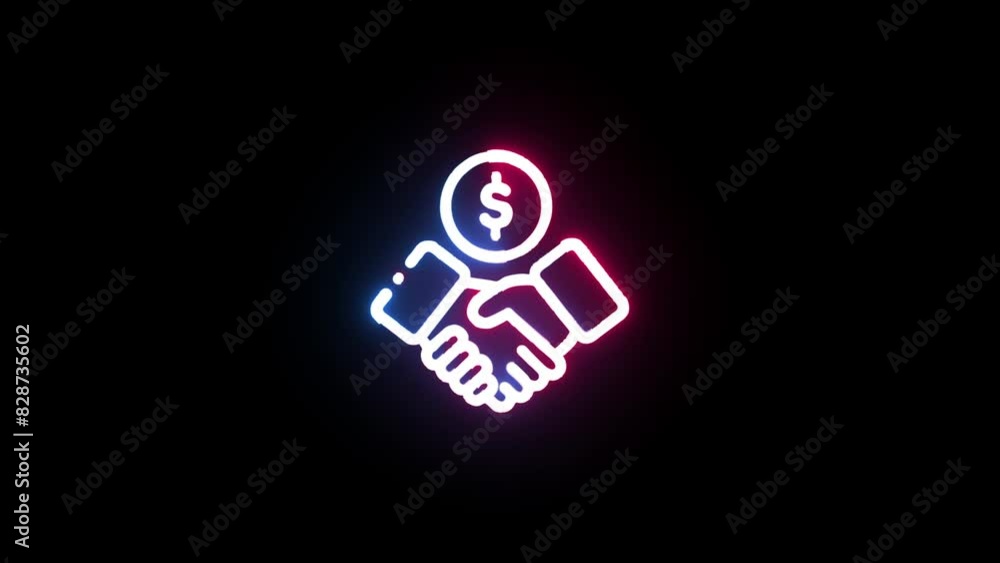Neon handshake with dollar sign icon animation on black background.
