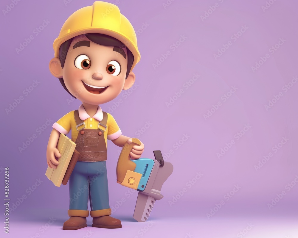 Cute 3D cartoon kid construction worker holding a saw and wooden plank on a light purple background, cheerful and smiling Cute 3D cartoon kid construction worker holding a saw and wooden plank on a light purple background, cheerful and smiling