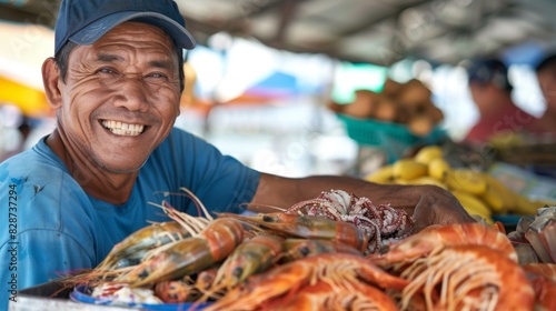 Close-up of a smiling vendor offering samples of fresh seafood and vegetables photo