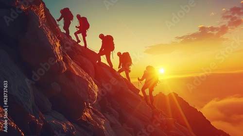 collaborative success group climbing mountain at sunset leadership and trust concept