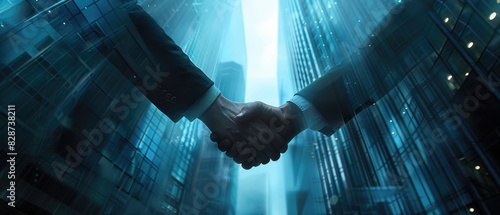 Successful deal, shaking hands, finalizing negotiation close up business negotiation ethereal Composite skyscraper view photo