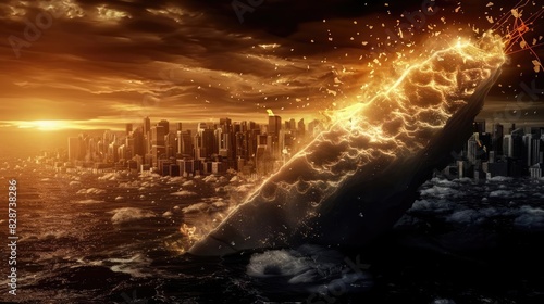 Dramatic apocalyptic scene with a massive fissure dividing the cityscape, glowing with fiery intensity against a darkened sky.