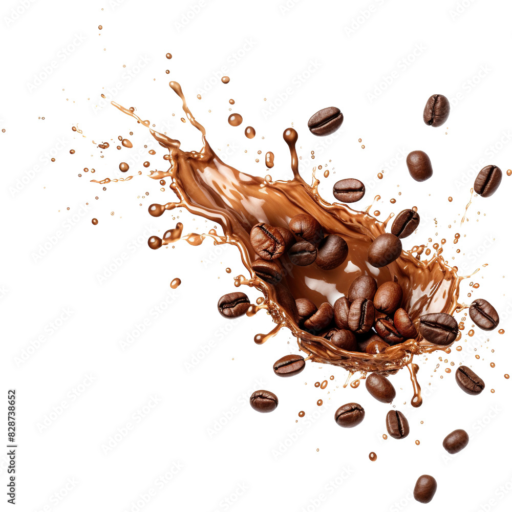 Coffee splash with coffee beans isolated on white background Coffee splash with coffee beans isolated on white background