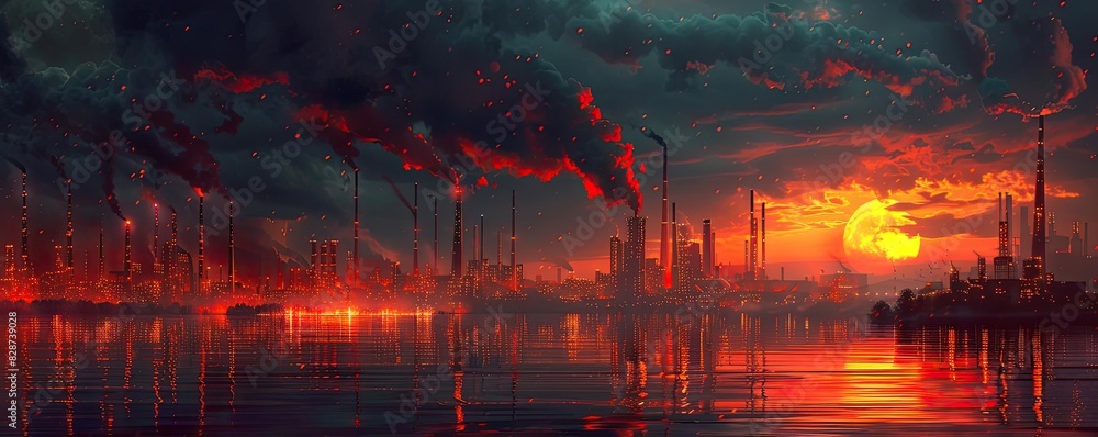 Dramatic industrial landscape at sunset with factories emitting smoke, reflecting on calm water, showcasing environmental impact and pollution.