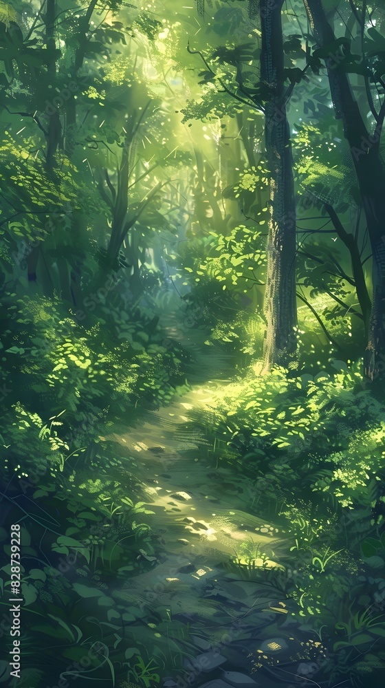 Fototapeta premium Quiet Nature Trail Winding Through Lush Green Forest with Sunlit Foliage and Atmospheric Haze