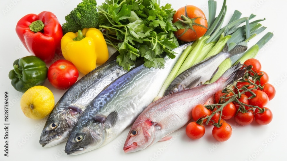 Colorful fish and vibrant vegetables arranged in an enticing display clean white background Colorful fish and vibrant vegetables arranged in an enticing display clean white background