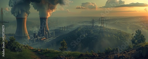 Industrial power plant with large cooling towers emitting smoke, set against a scenic landscape with a vibrant sunset in the background. photo