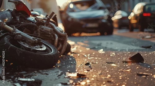devastating motorcycle accident scene with car collision and debris on road photo