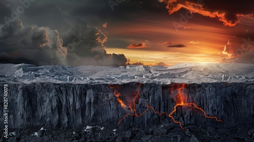 Dramatic volcanic landscape at sunset with visible lava flows, rough terrain, and dark stormy clouds in the sky.
