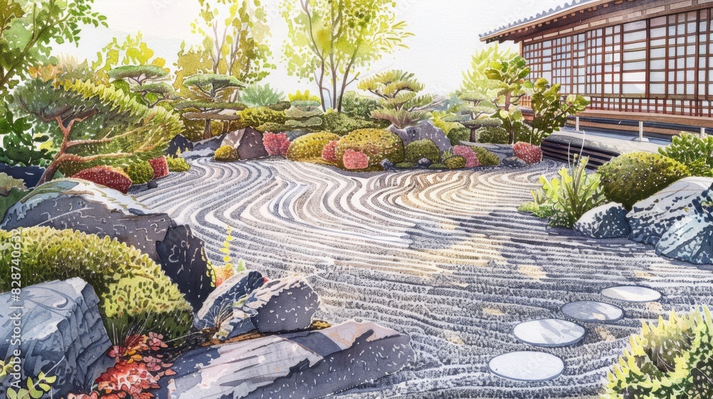 Traditional Japanese Zen Garden With Raked Sand and Bonsai Trees Traditional Japanese Zen Garden With Raked Sand and Bonsai Trees