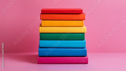 Stack of colorful books on pink background, LGBTQ+ concept