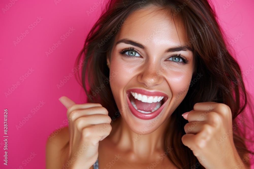 Happy woman clenches her fists feeling euphoric and rejoicing in her success, pink background back, Generative AI. Happy woman clenches her fists feeling euphoric and rejoicing in her success, pink background back, Generative AI.