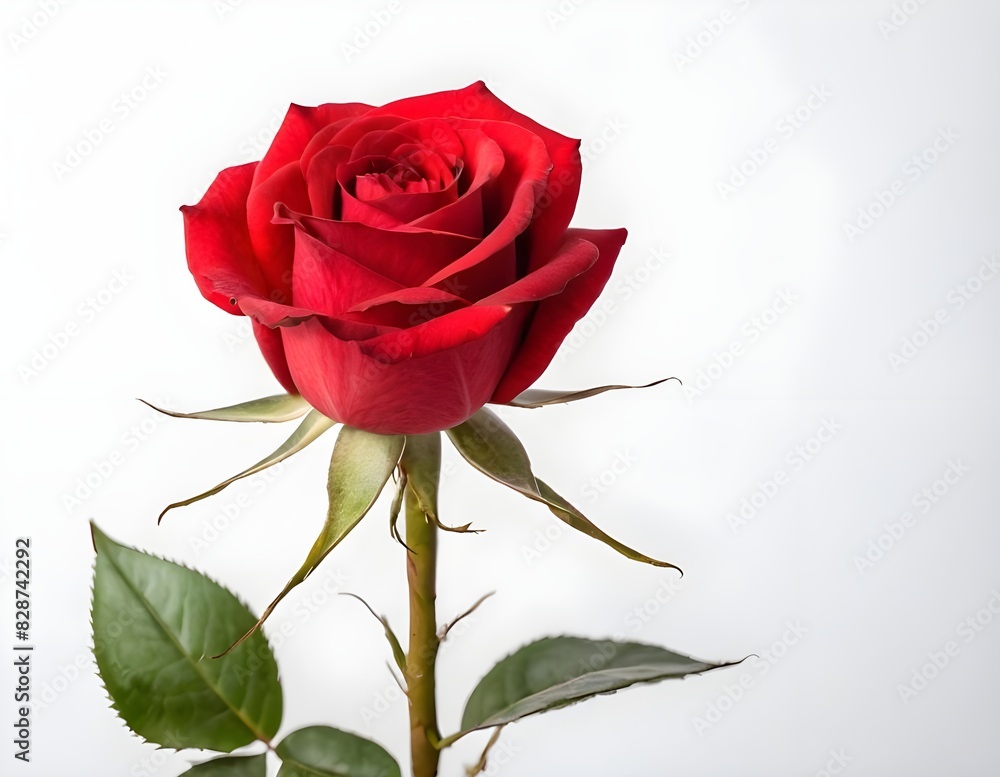 Single Red Rose With Green Leaves on White Background isolated Single Red Rose With Green Leaves on White Background isolated