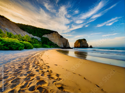 Zaciszna scena na plaży o zachodzie słońca z czystymi turkusowymi wodami delikatnie uderzającymi o piaszczysty brzeg. Plaża otoczona jest imponującym klifem i bujną zielenią pod jaskrawoniebieskim  photo