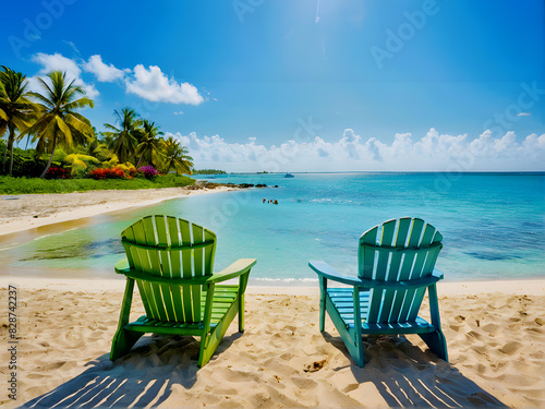 Dwa kolorowe drewniane leżaki stoją na złotej plaży z widokiem na turkusowe morze. W tle bujna zieleń i kwitnące krzewy na tle jasnoniebieskiego nieba z białymi obłokami.  photo