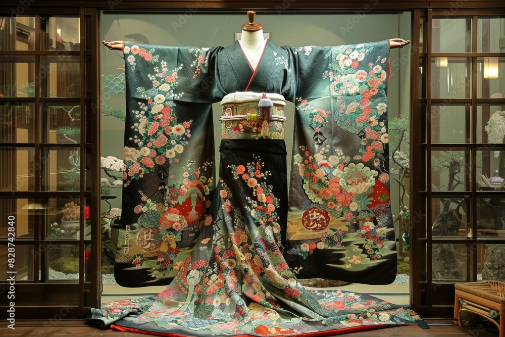 A kimono with a floral pattern displayed in a traditional Japanese room A kimono with a floral pattern displayed in a traditional Japanese room