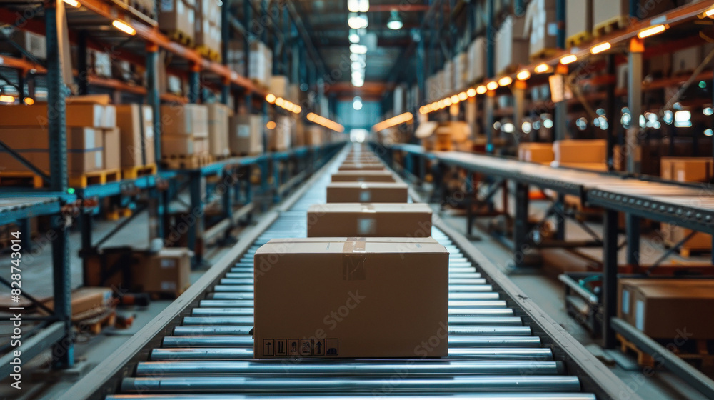 cardboard box on the Conveyor belt at warehouse cardboard box on the Conveyor belt at warehouse