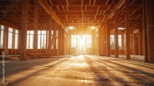 Interior of a house under construction with wooden beams photo