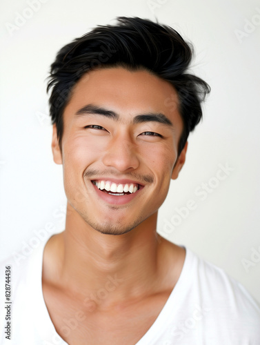 headshot of a smiling asian man friendly and happy with a plain white background