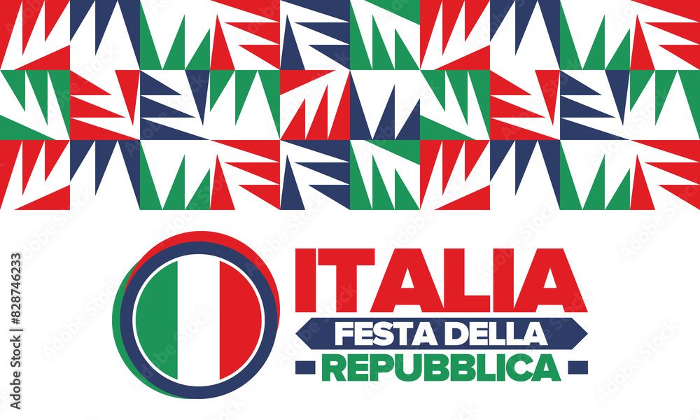 Italia. Festa della Repubblica. Text in italian: Italian Republic Day. Happy national holiday. Celebrated annually on June 2 in Italy. Italy flag. Patriotic design. Vector illustration