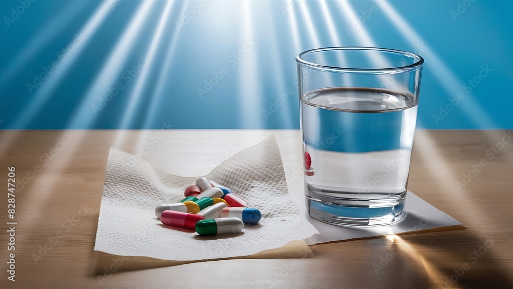 Pills and glass of water on blue background. Medicine, healthcare concept Pills and glass of water on blue background. Medicine, healthcare concept