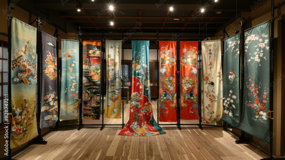 A variety of colorful and intricately designed kimono on display