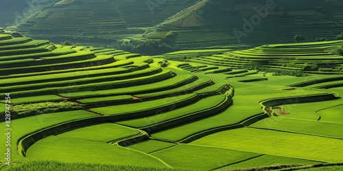 Stunning view of terraced rice paddies with vibrant green hues, showcasing a beautiful agricultural landscape photo