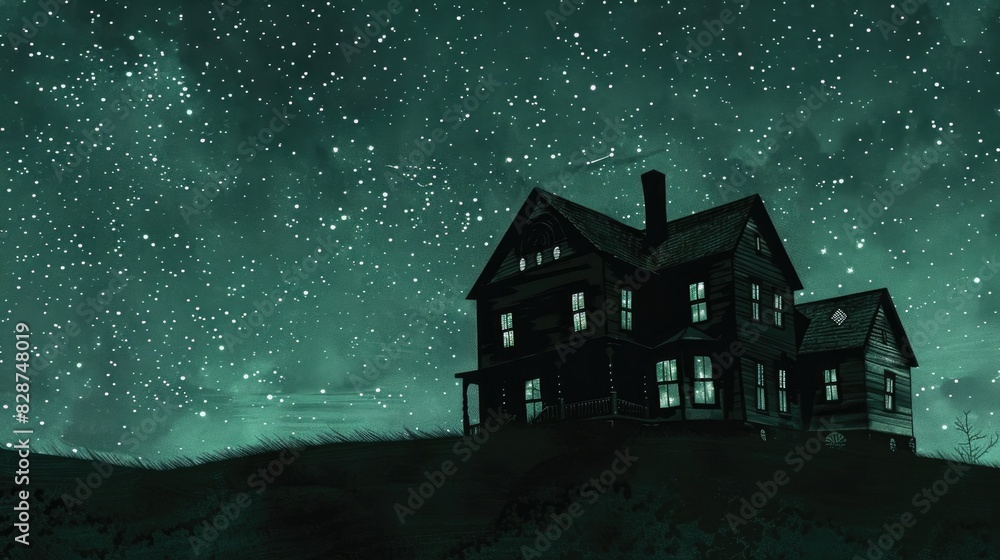 Mysterious silhouette of a haunted house under a starry night sky on a dark green canvas. Mysterious silhouette of a haunted house under a starry night sky on a dark green canvas.