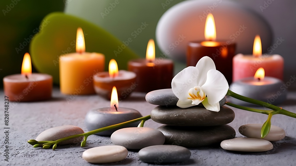 A serene and calming scene featuring a carefully arranged composition of zen stones, burning candles, and a beautiful white orchid flower. A serene and calming scene featuring a carefully arranged composition of zen stones, burning candles, and a beautiful white orchid flower.