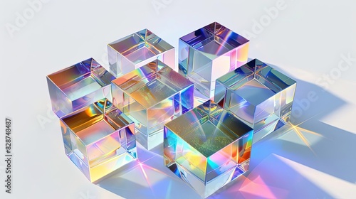 holographic 3d crystal glass cubes with light refraction on white background abstract photo