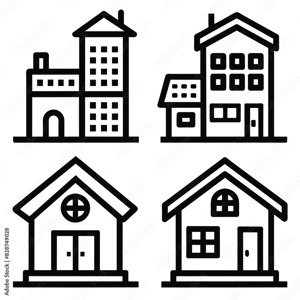 Set of House building line icon black vector on white background