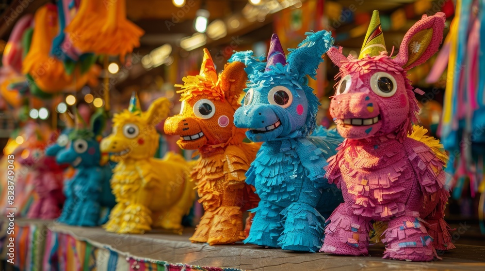 Fototapeta premium brightly colored pinatas lined up at a lively san antonio market evoke a vibrant and traditional fiesta celebration atmosphere
