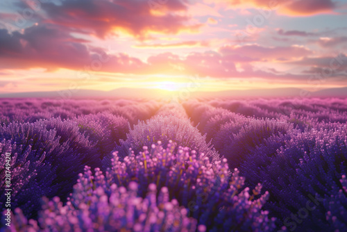 lavender flower field blooming purple fragrant lavender at sunset photo