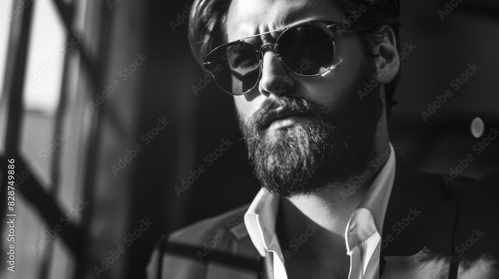 Fototapeta premium Stylish bearded businessman in black and white photo.