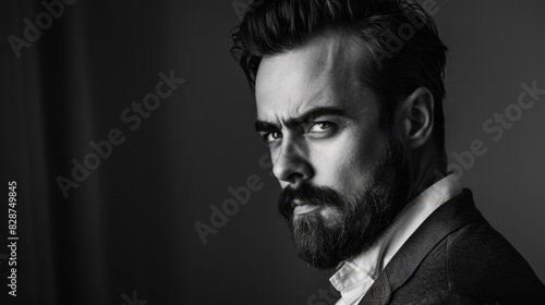 Stylish bearded businessman in black and white photo.